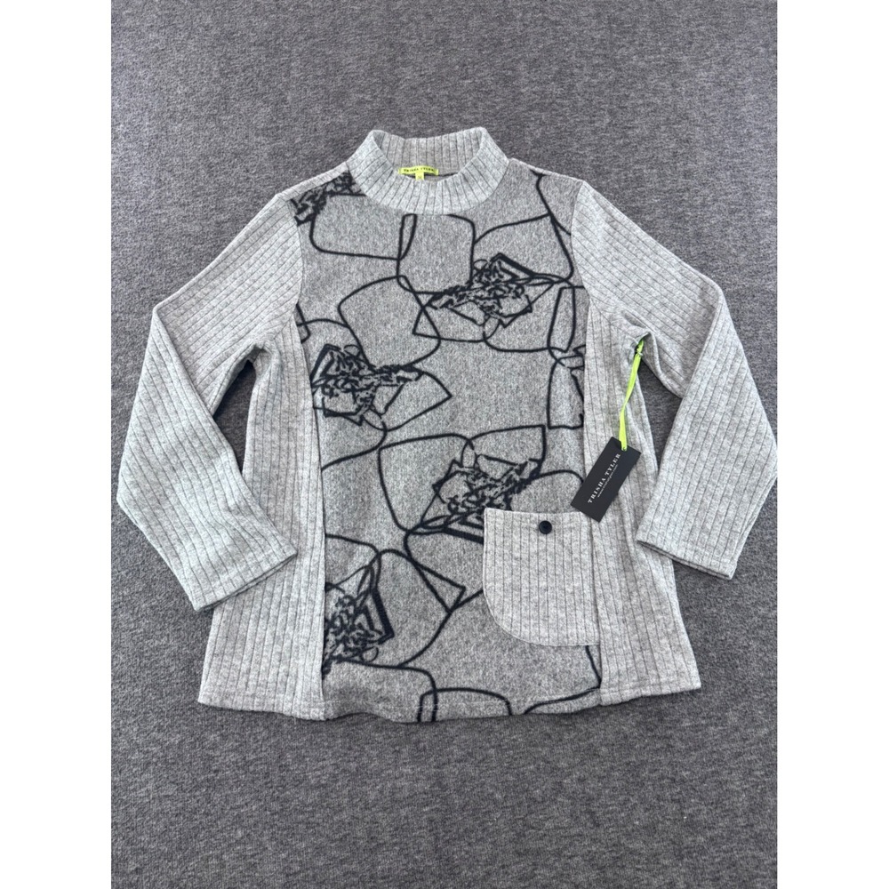 Trisha Tyler Women Grey Abstract Graphic Ribbed Mock Neck Sweater  Size M